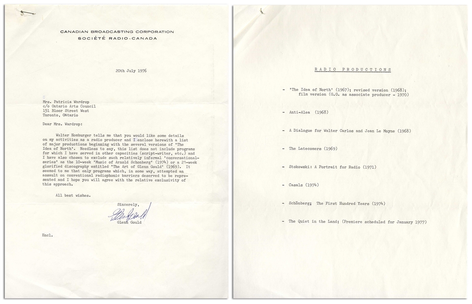 Rare Letter Signed by Pianist Glenn Gould